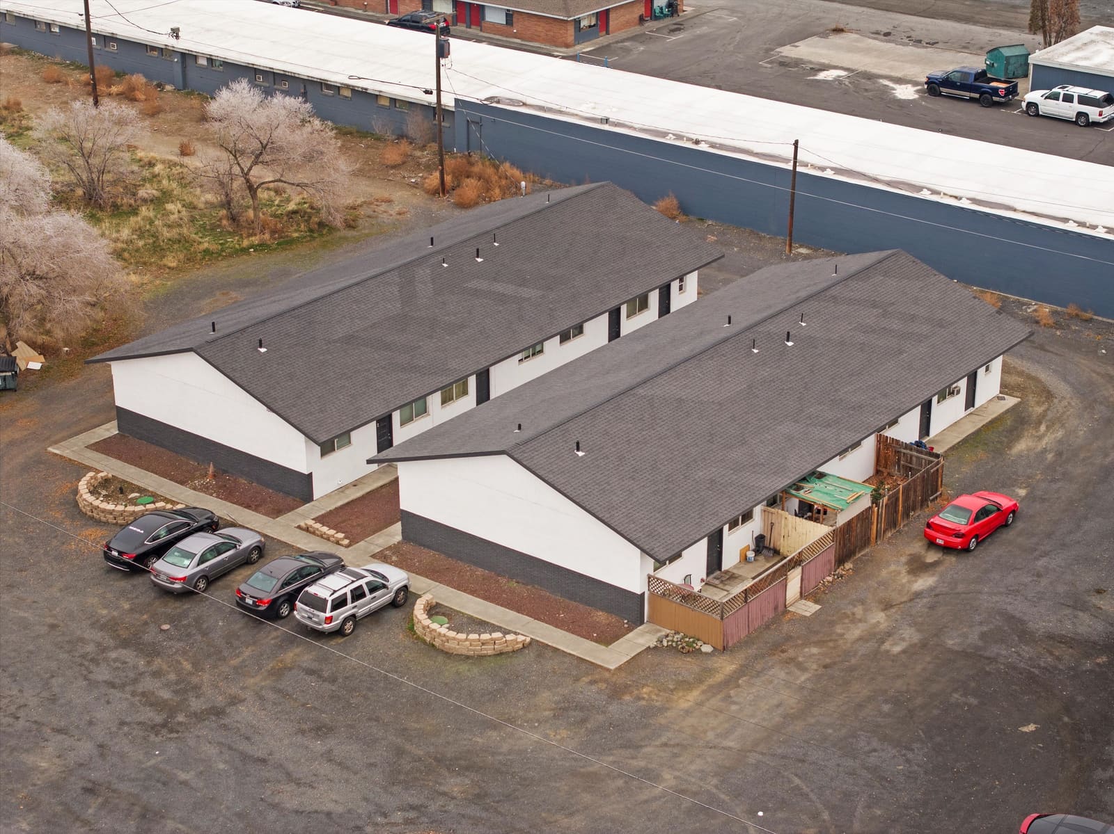 Drone view of the renovated 12-unit apartment building in Moses Lake, Washington
